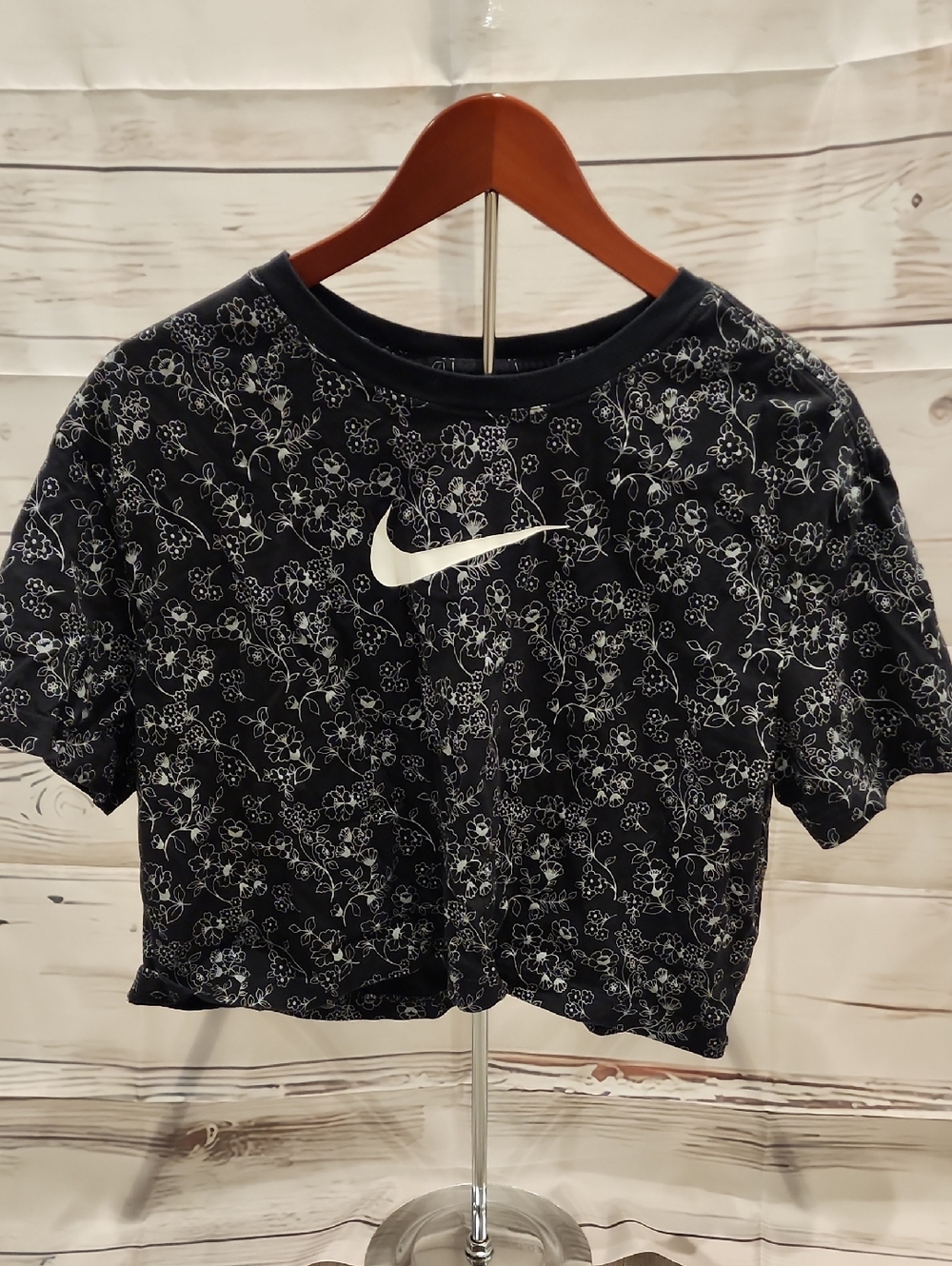 Nike Black Crop Tee with Silver Floral Print and White Swoosh